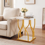 Giantex 2-Tier End Table, Faux Marble Bedside Night Stand with Storage Shelf & Gold Petal-Inspired Geometric Metal Frame, Modern Couch Sofa Side Table for Living Room Bedroom Small Spaces (1)