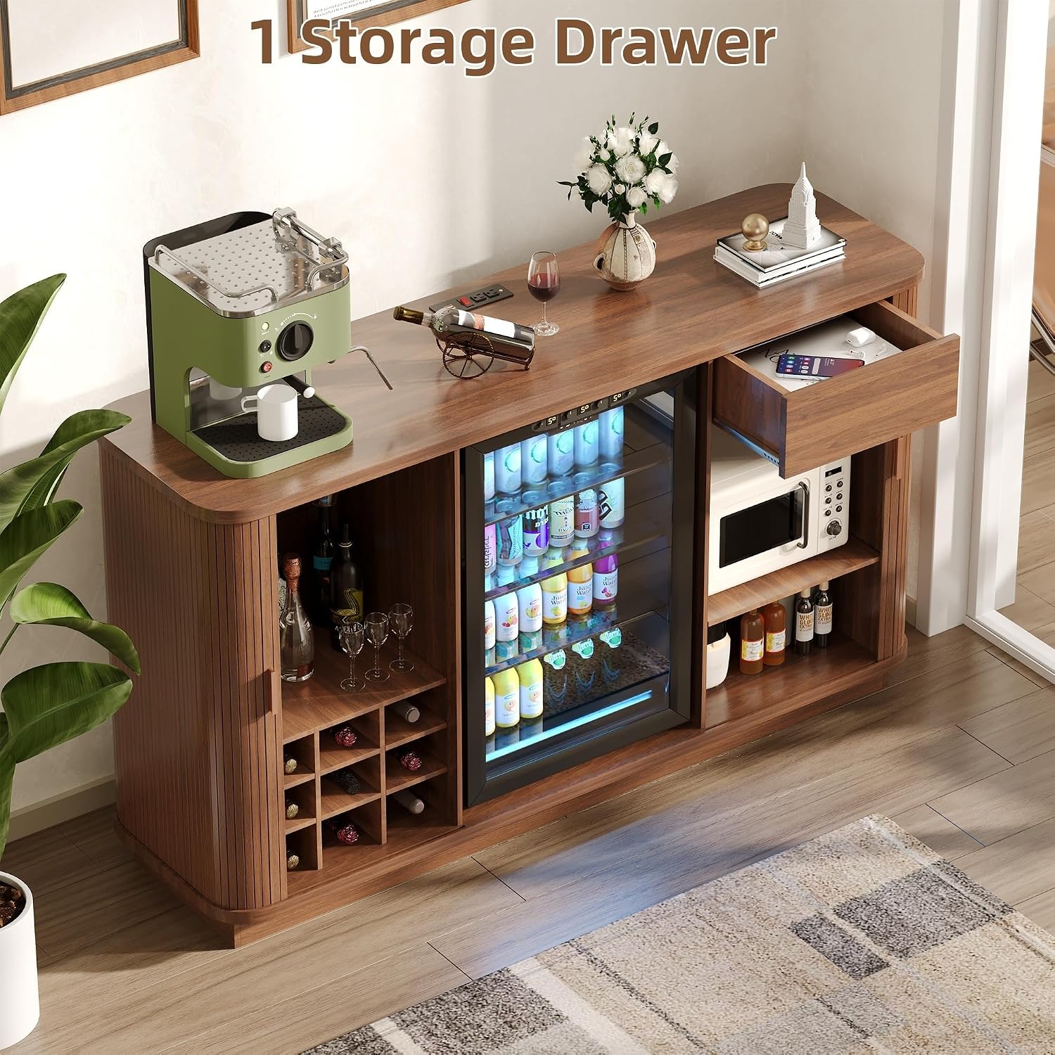 Coffee Bar Cabinet with Fridge Space, Liquor Wine Bar Cabinets with Wine Rack and Glass Holder, Mini Fridge Cabinet with Storage, Fluted Buffet Sideboard for Living Room, Home, Kitchen