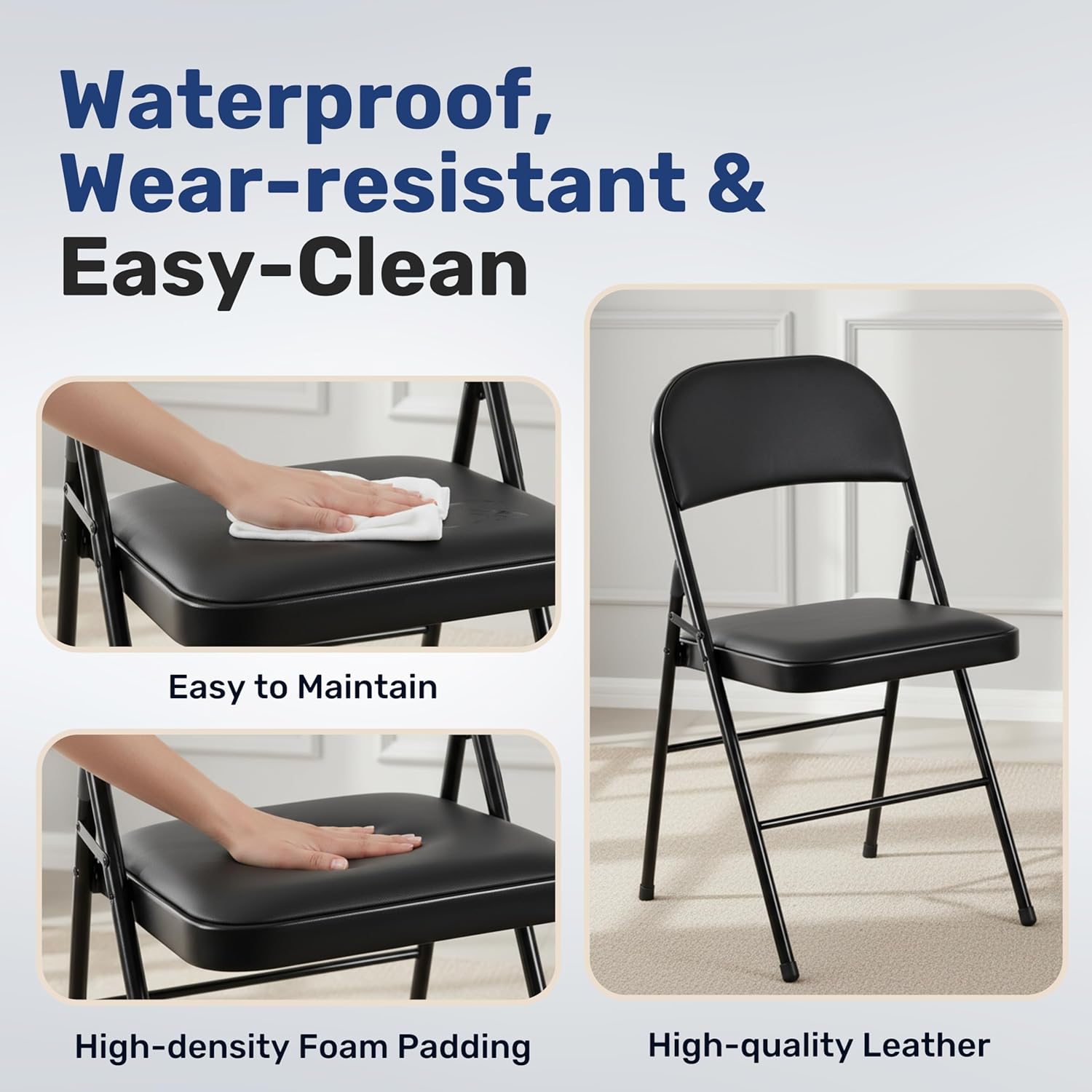 Simple Deluxe Dining Chairs Set of 4, Leather Cushion Foldable Contemporary Kitchen Side Chair with Padded Back & Sturdy Metal Legs, Upholstered Seat for Home/Living Room/Bedroom/Cafe, Black