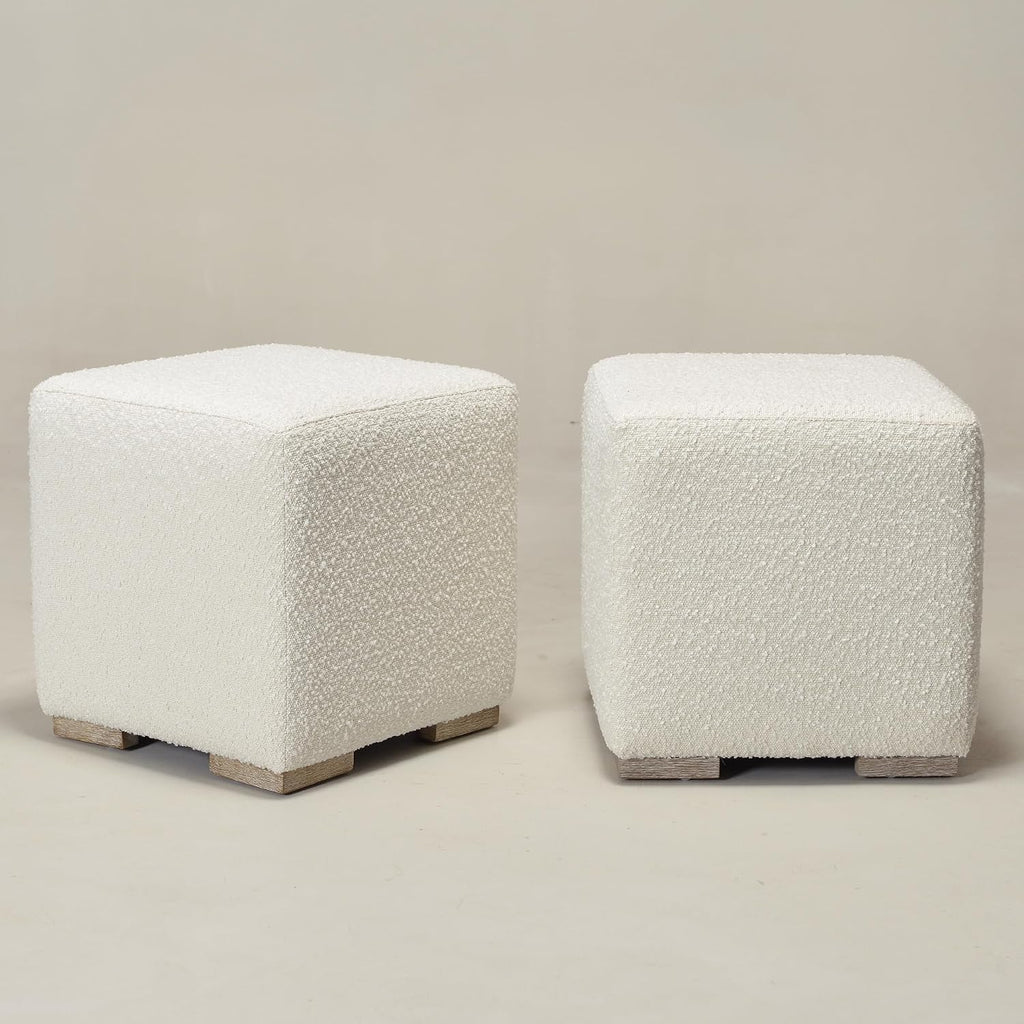 KINWELL 18.5" Wide Modern Square Boucle Upholstered Ottoman with Solid Wood Legs Set of 2, Cube Ottoman Multi-Functional Sofa Footrest, Extra Seating for Living Room, Bedroom, Fully Assembled (White)