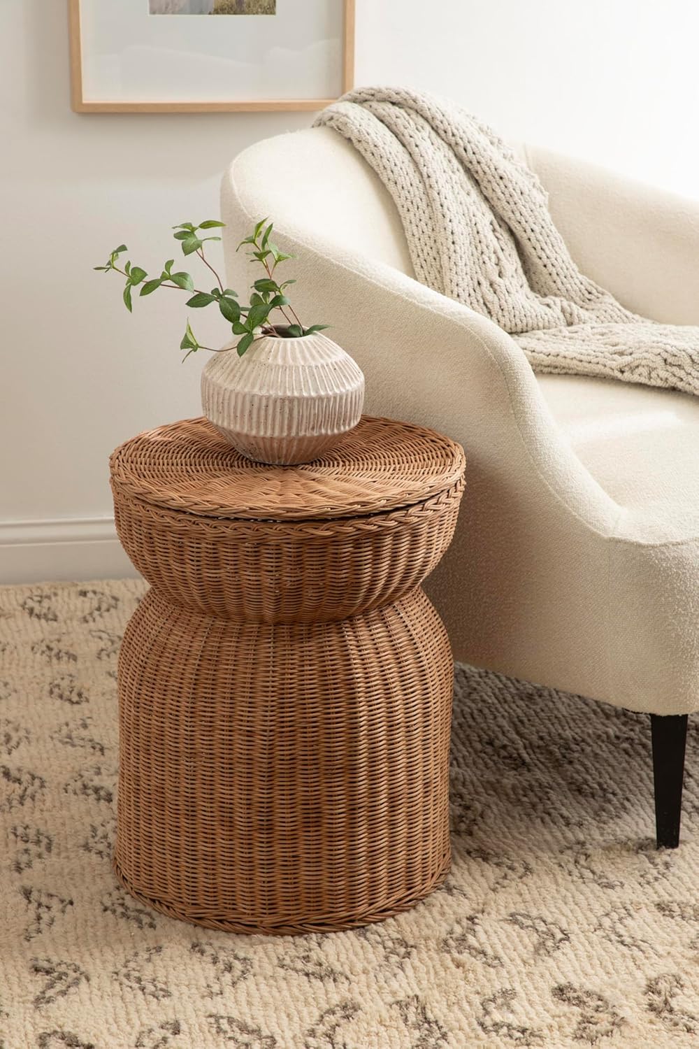 Kate and Laurel Thatch Modern Woven Rattan Round Storage Side Table, 17 x 17 x 21, Natural Rattan, Lift-Top End Table for Use as Hidden Storage Basket, Nursery Toy Storage, or Small Laundry Hamper