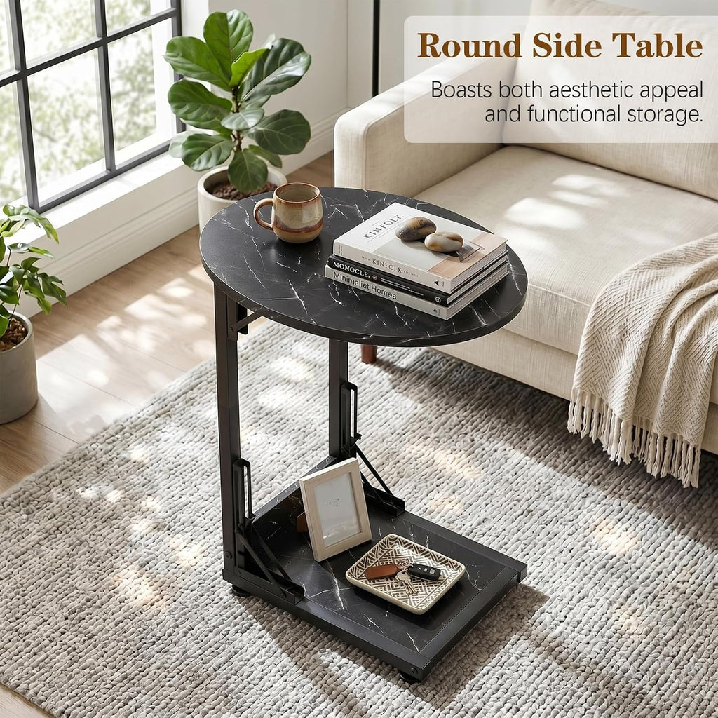 Folding Side Table, C Shaped End Table with Metal Frame, Round Couch Table & Slide Under Sofa TV Tray Table for Living Room, Bedroom, Small Spaces (Marble Black)