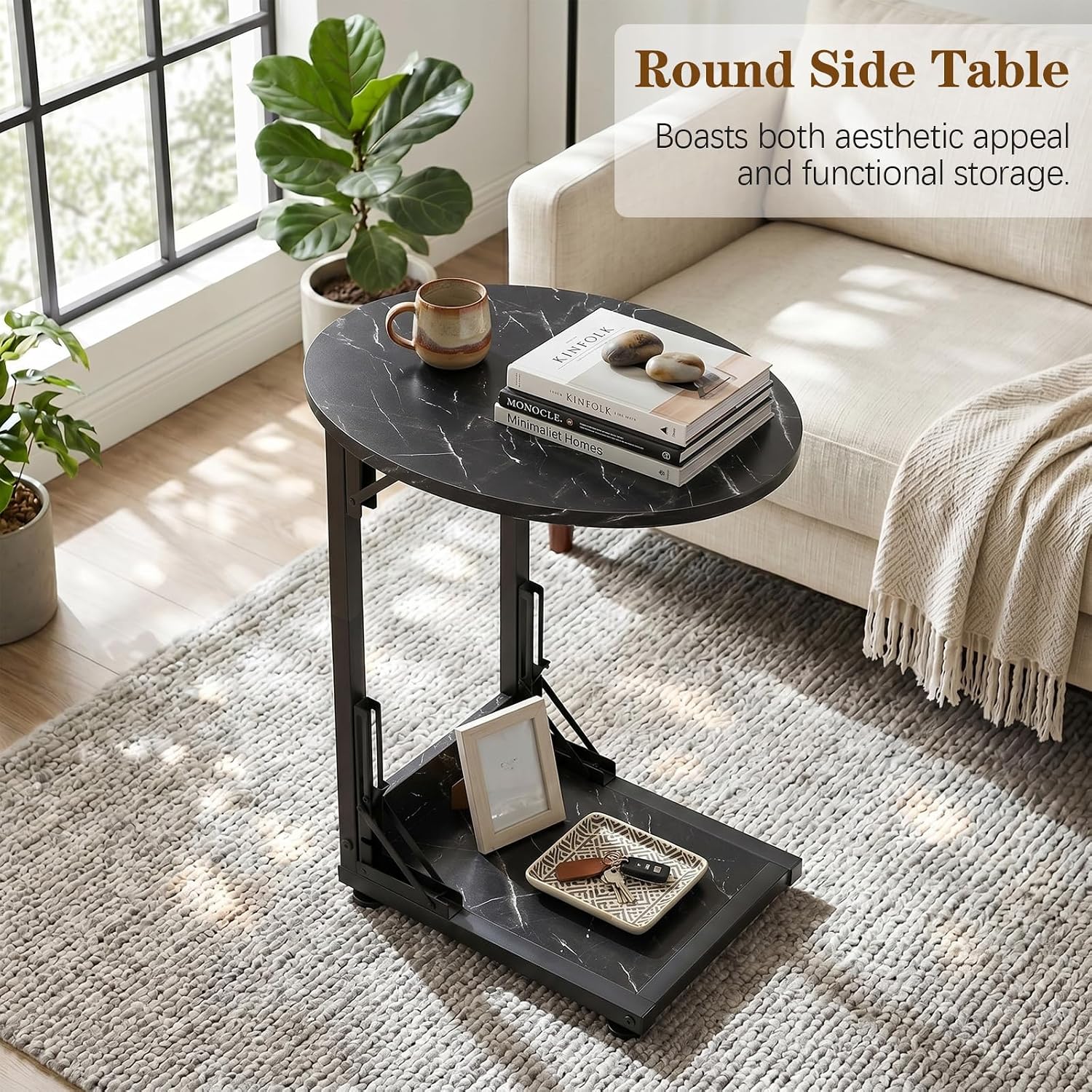 Folding Side Table, C Shaped End Table with Metal Frame, Round Couch Table & Slide Under Sofa TV Tray Table for Living Room, Bedroom, Small Spaces (Marble Black)