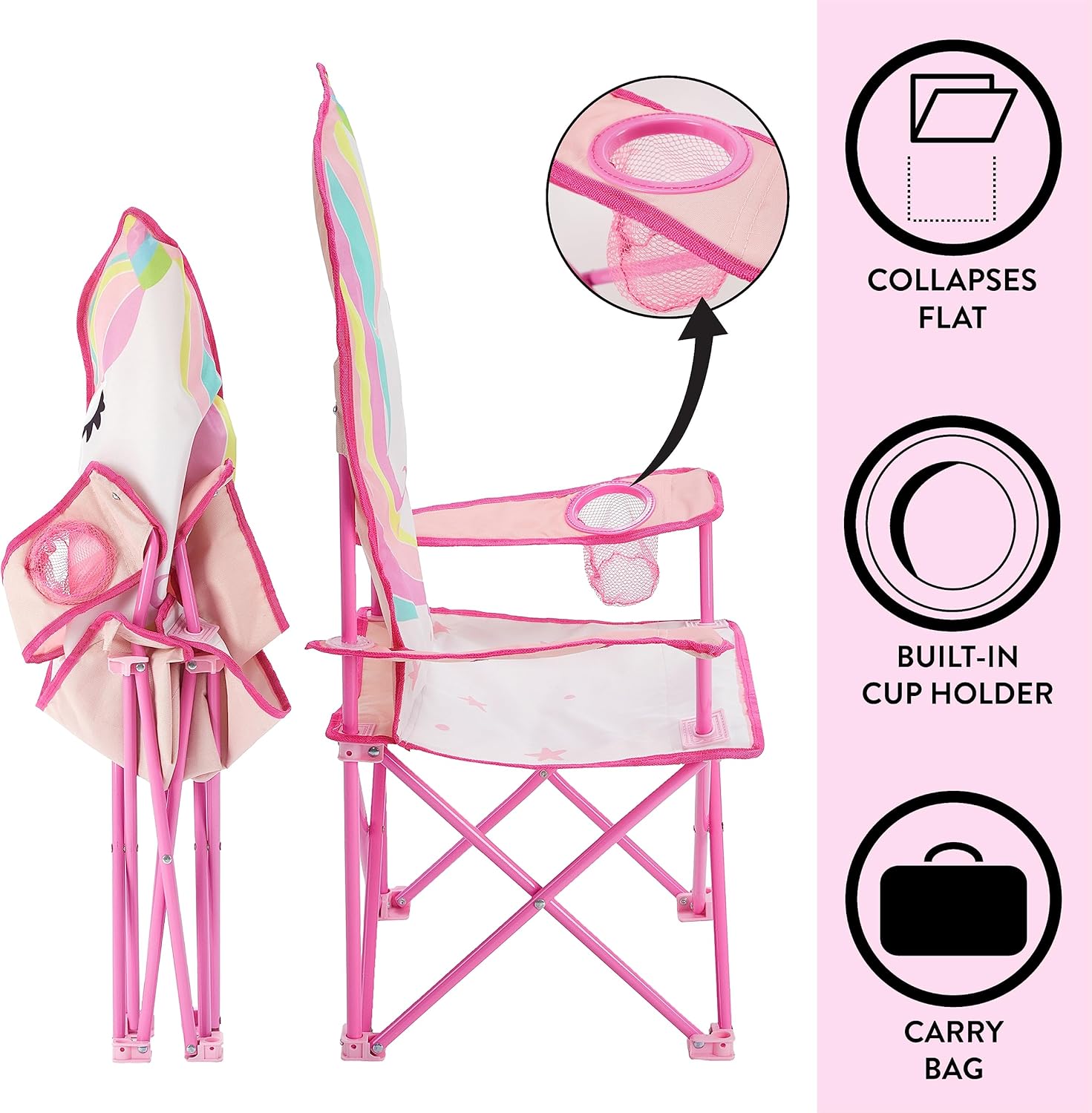 Heritage Unicorn Themed Figural Folding Camp Chair,Lightweight Portable Chair with Carry Bag & Cup Holder,Kids Outdoor/Indoor Seating,14"x14"x26"