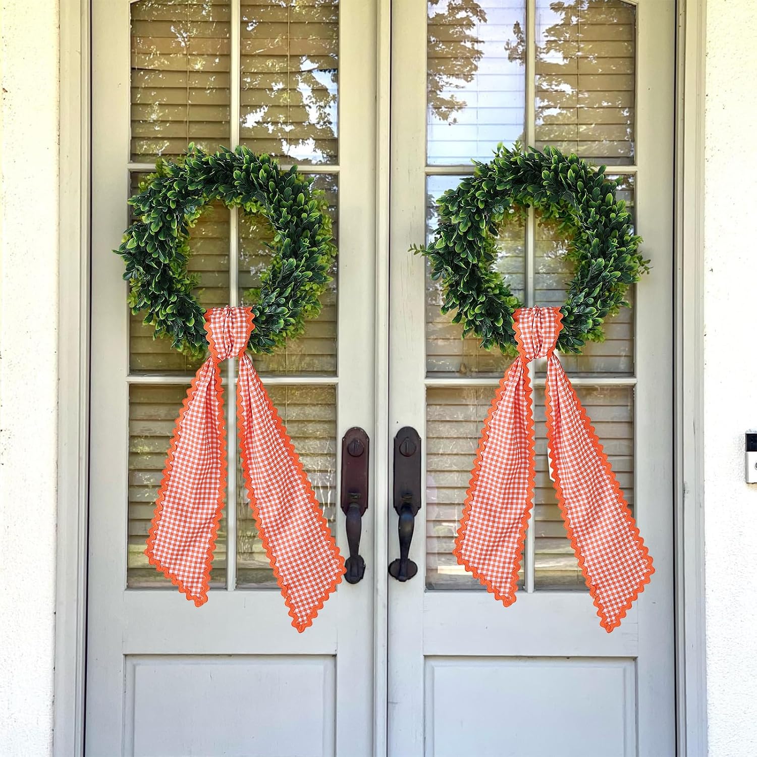 DYSHAYEN Wreath Sash for Front Door,Canvas RIC Rac Trim Wreath Accessories for Yard Doorway Indoor Outdoor Bridal Shower Easter Home (Orange Plaid-Orange Trim)