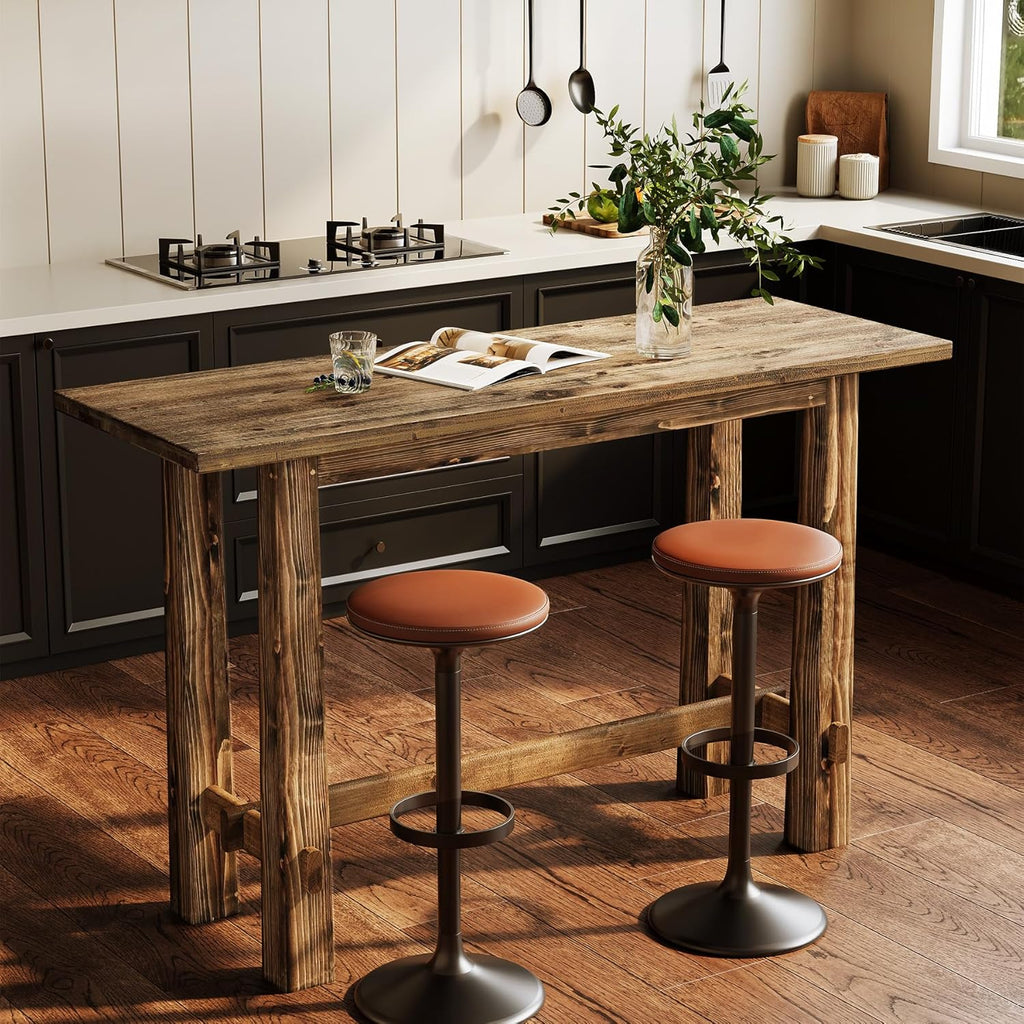 Solid Wood Bar Table, 63" Long Bar Height Pub Table, Narrow Home Bar Unit, Tall Wooden High Top Table for Kitchen, Home Bar, Café or Restaurant, Rustic Brown