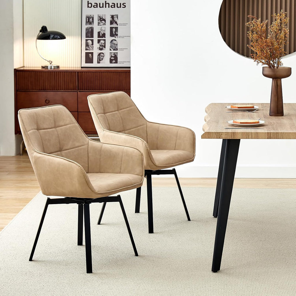 TUKAILAi Swivel Dining Chairs Set of 2, Faux Leather Dining Chairs with Arms & Metal Legs, Upholstered Mid Century Rotatable Kitchen Chairs for Living Room Bedroom Kitchen Restaurant (Cream)