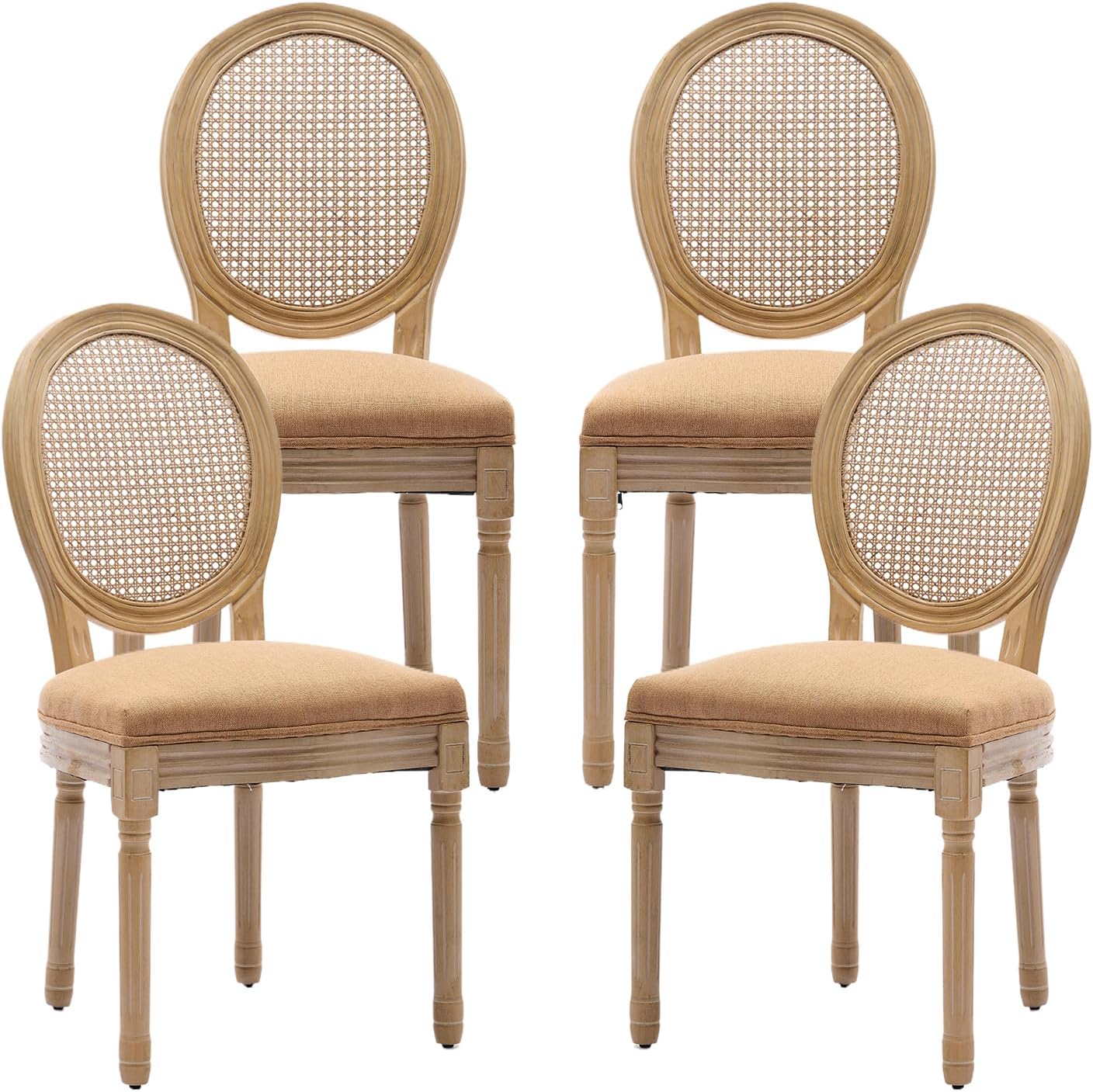 Vintage French Rattan Dining Chairs Set of 4, Round Back Accent Chairs with Rattan Backrest and Upholstered Linen Seat, Solid Wood Frame Sillas de Comedor for Dining Room & Kitchen, Camel