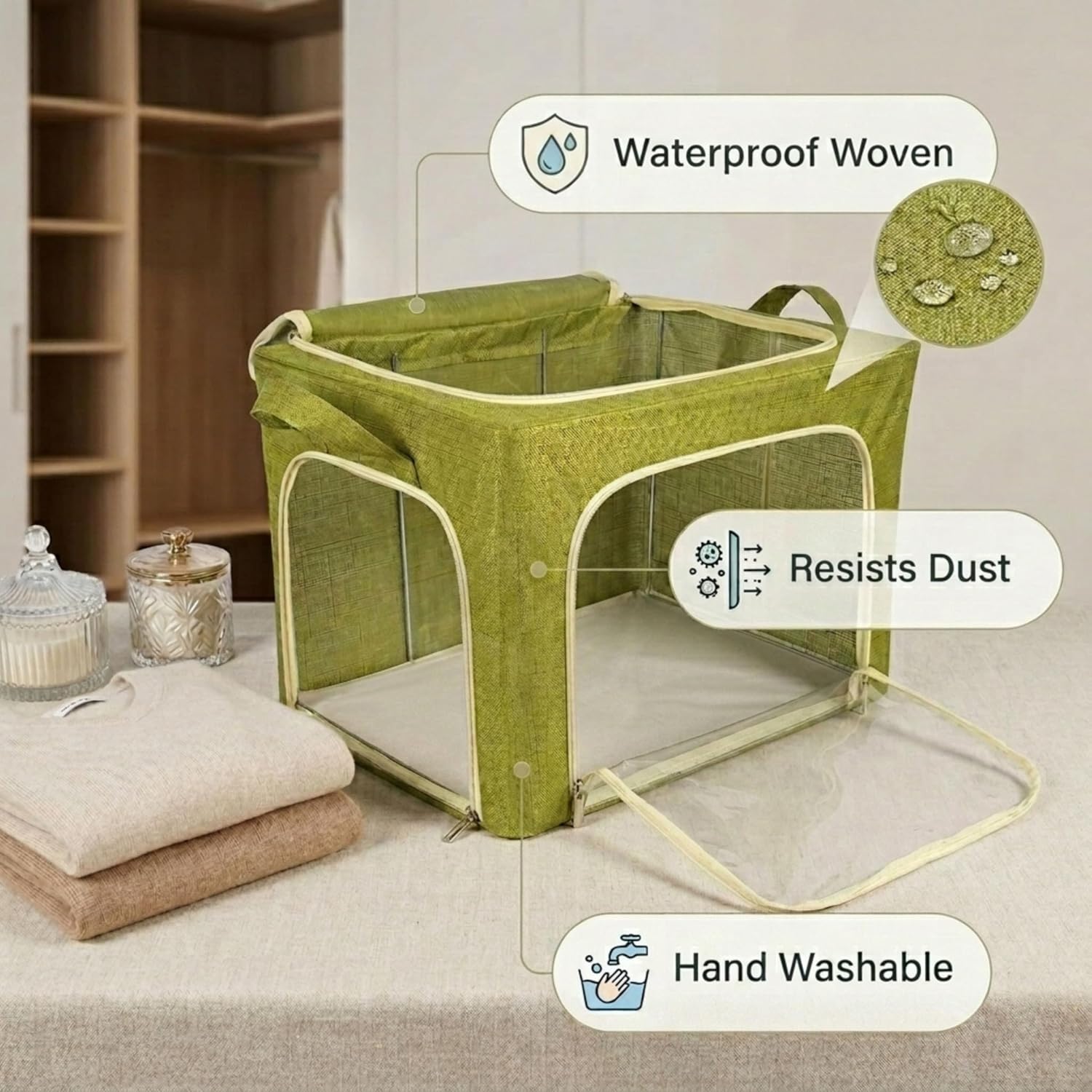Closet Storage Bins - 3 Openings Clothes Cube Storage Bin with METAL FRAME (Green, 40L, 4 Units) - bed sheet organizer - blankets - bedsheet organizers - closet -sweater - hoodie - shoe