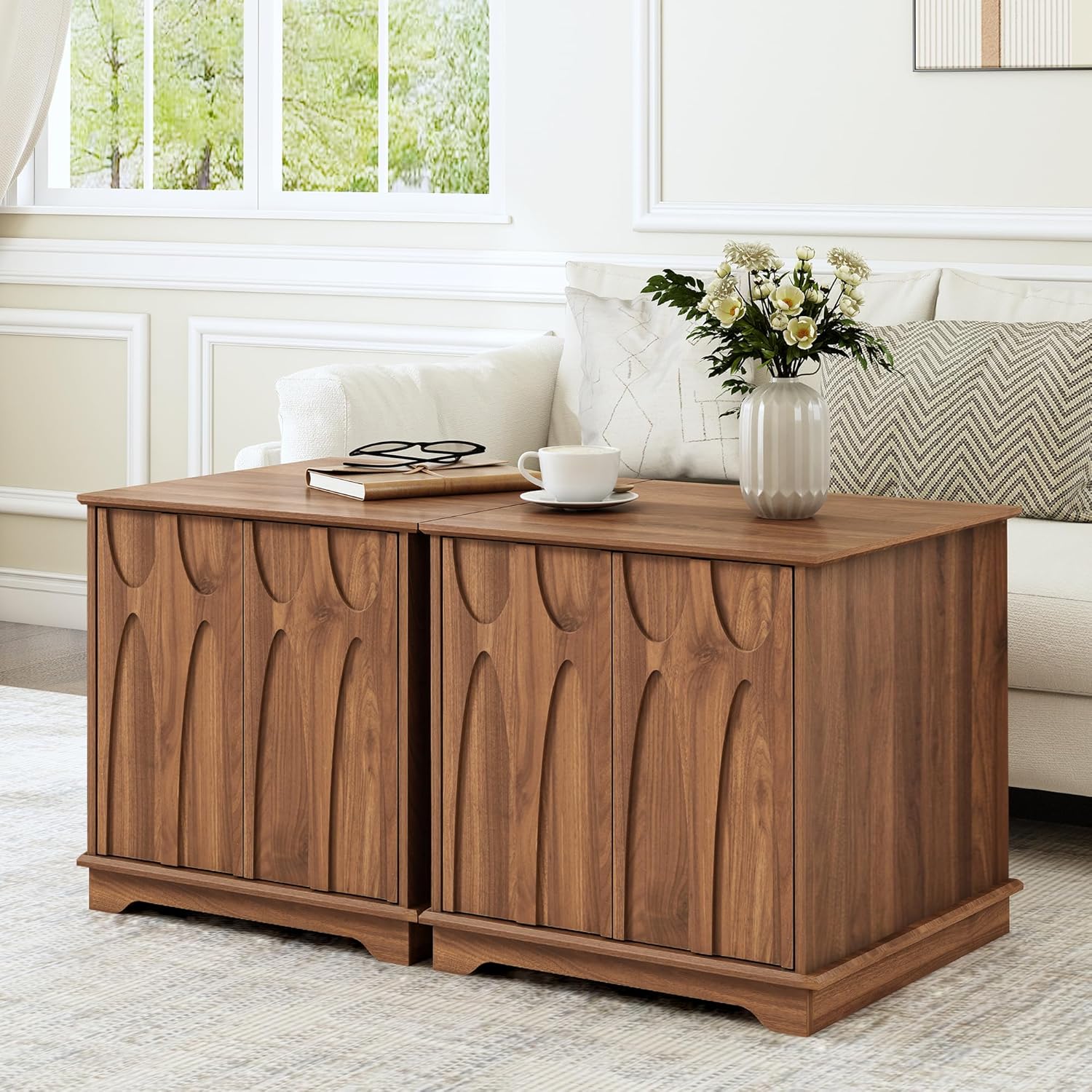 Bifins 24inch Large Square End Table with Storage,Mid Century Modern 2 Door Sofa Side Table with Shelf for Living Room Office