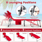 COSTWAY Tanning Chair with Face Hole, Folding Beach Lounge Chair with 4-Position Adjustable Backrest, Pillow & Side Pocket, Foldable Chaise Lounge Chair Outdoor for Sunbathing, Camping (1, Red)
