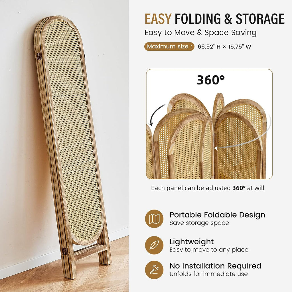 Arched Rattan Room Divider 5.6 Ft Folding Privacy Screen, 4 Panel Freestanding Room Partition with Double Hinges, Lightweight Paulownia Wood Divider for Bedroom, Restaurant, Office, Natural