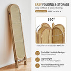 Arched Rattan Room Divider 5.6 Ft Folding Privacy Screen, 4 Panel Freestanding Room Partition with Double Hinges, Lightweight Paulownia Wood Divider for Bedroom, Restaurant, Office, Natural