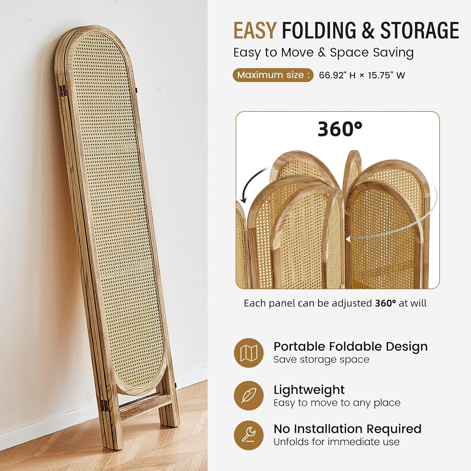 Arched Rattan Room Divider 5.6 Ft Folding Privacy Screen, 4 Panel Freestanding Room Partition with Double Hinges, Lightweight Paulownia Wood Divider for Bedroom, Restaurant, Office, Natural