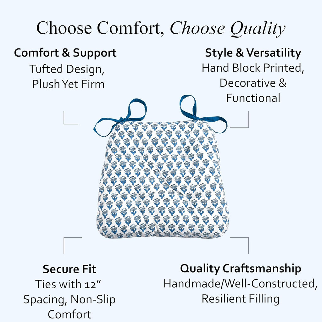 CPC Apatite Blue Hand Block Printed Cotton Chair Cushions Set of 2,Reversible Outdoor/Indoor Chair Pads for Kitchen, Dining Room, Office, Patio Chairs, 16"x15"x4"