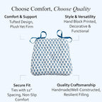 CPC Apatite Blue Hand Block Printed Cotton Chair Cushions Set of 2,Reversible Outdoor/Indoor Chair Pads for Kitchen, Dining Room, Office, Patio Chairs, 16"x15"x4"