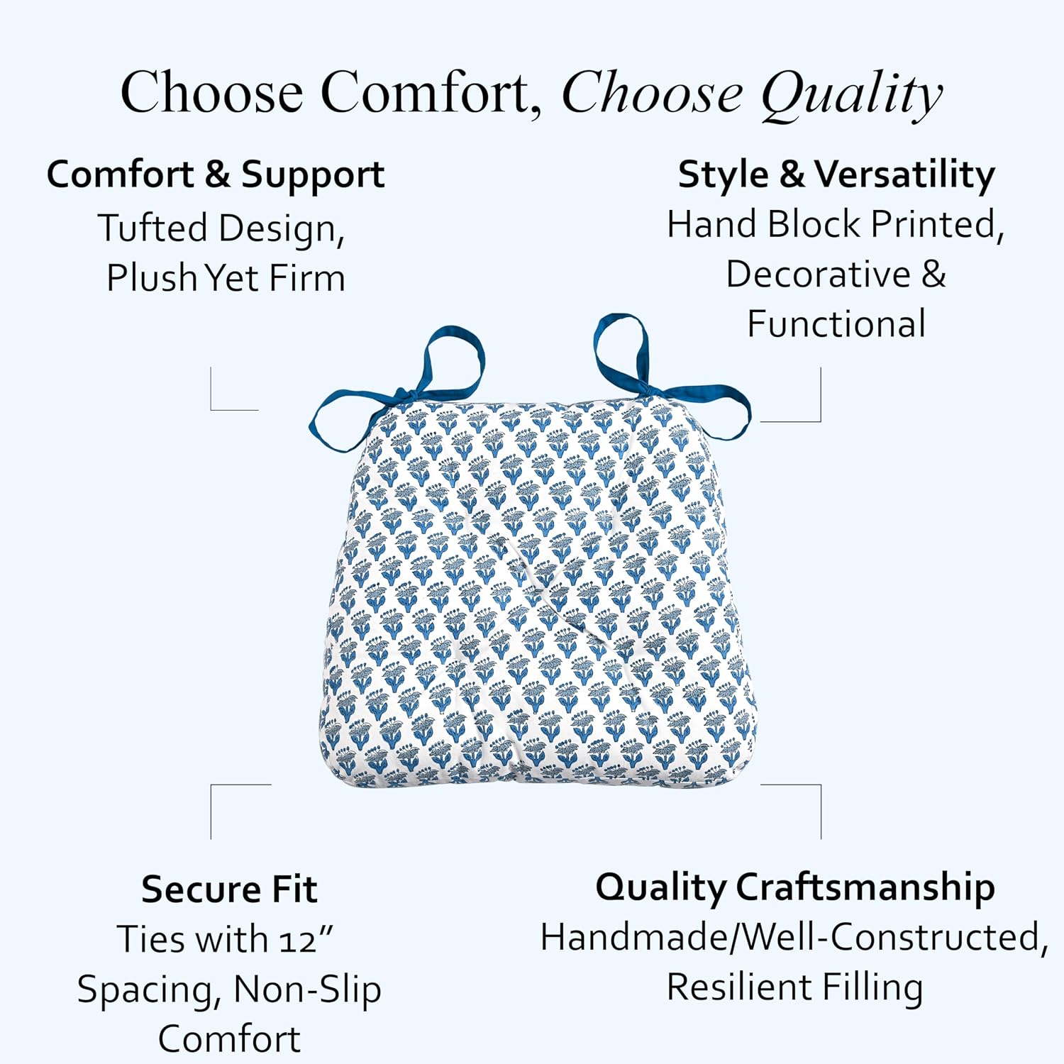 CPC Apatite Blue Hand Block Printed Cotton Chair Cushions Set of 2,Reversible Outdoor/Indoor Chair Pads for Kitchen, Dining Room, Office, Patio Chairs, 16"x15"x4"
