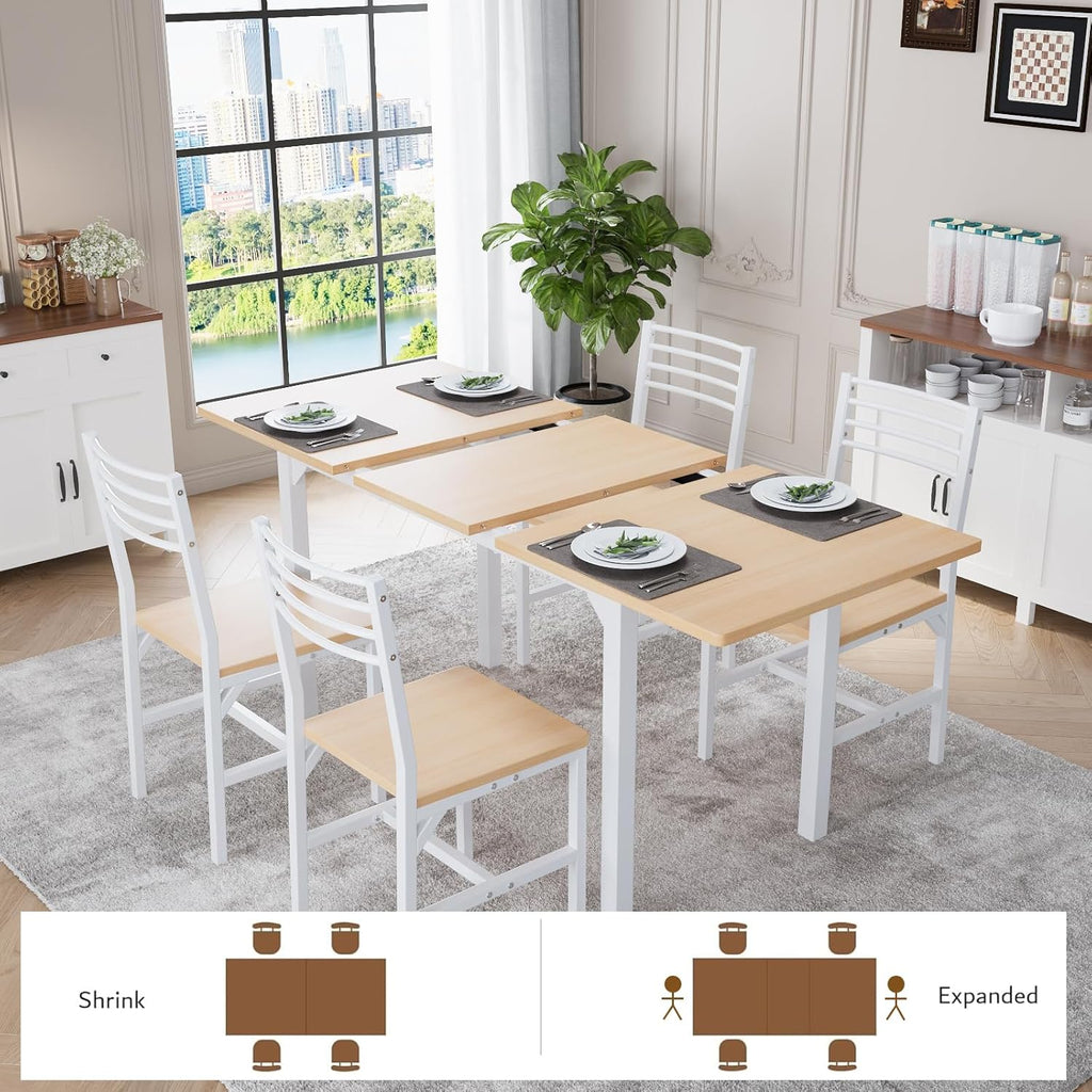VOWNER 63” Extendable Dining Table Set for 4-6 People, 5-Piece Dining Table Set for 4 People with 4 Chairs, Kitchen Table Set with MDF Board and Metal Frame, for Small Space, Apartment, Nature Wood