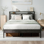 LIKIMIO Full Bed Frame with Headboard, Dark Wood Camas Full with Strong Supports, Sturdy, Noise-Free, No Box Spring Needed, Grey
