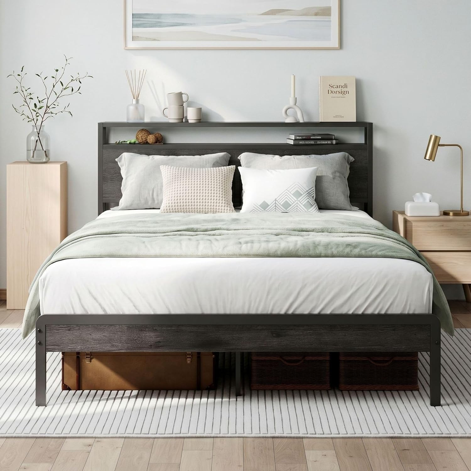 LIKIMIO Full Bed Frame with Headboard, Dark Wood Camas Full with Strong Supports, Sturdy, Noise-Free, No Box Spring Needed, Grey
