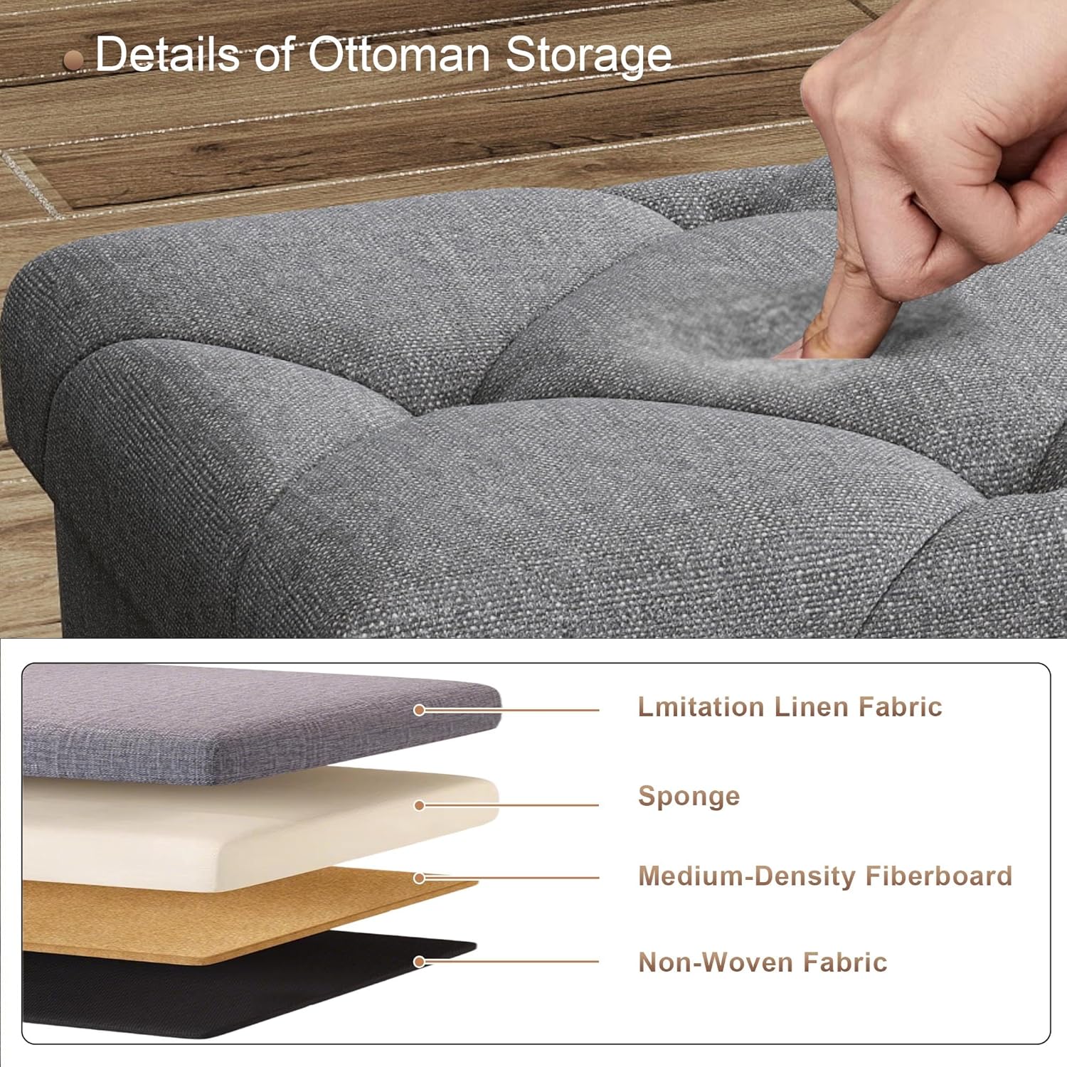 30 inch Storage Ottoman Bench, 30 inch Folding Storage Bench Ottoman, for Bedroom, Living Room, and Utility Room, Grey (30'' W)