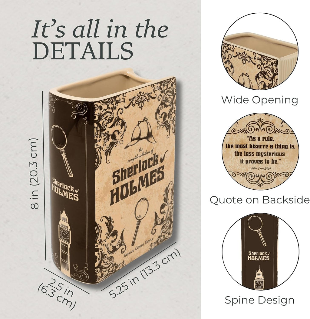 Steel Mill & Co Original Large Book-Shaped Decorative Vase, Ceramic Vases for Home Decor, Cute Bookshelf Decor, Unique Vase for Book Lovers (Sherlock Holmes)