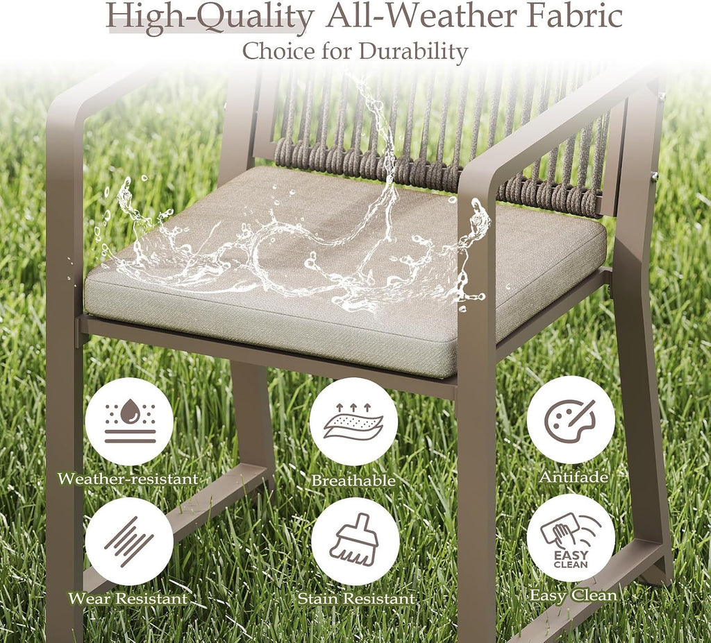 Outdoor Patio Dining Chair, All-Weather Woven Rope Outdoor Chairs Set of 2, Sturdy Iron Frame, 400 lbs, Ergonomic Backrest, Removable Breathable Cushion, for Patio & Garden, Light Brown