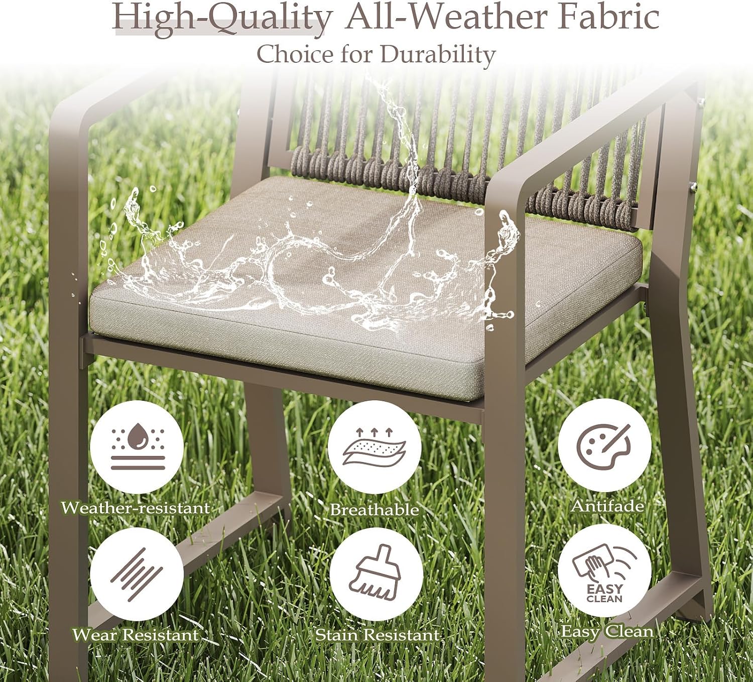 Outdoor Patio Dining Chair, All-Weather Woven Rope Outdoor Chairs Set of 2, Sturdy Iron Frame, 400 lbs, Ergonomic Backrest, Removable Breathable Cushion, for Patio & Garden, Light Brown