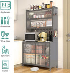 73'' Tall Kitchen Pantry Cabinet,Metal Pantry Cabinet with Adjustable Shelves,6-Tier Hutch Storage Cabinet with Microwave Stand, Anti-Tip Design Hutch for Kitchen, Dining Room, Living Room (Grey)