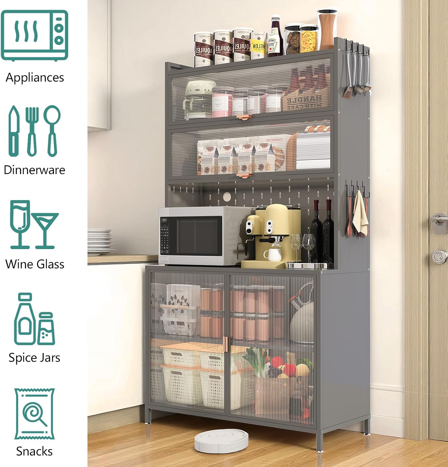 73'' Tall Kitchen Pantry Cabinet,Metal Pantry Cabinet with Adjustable Shelves,6-Tier Hutch Storage Cabinet with Microwave Stand, Anti-Tip Design Hutch for Kitchen, Dining Room, Living Room (Grey)