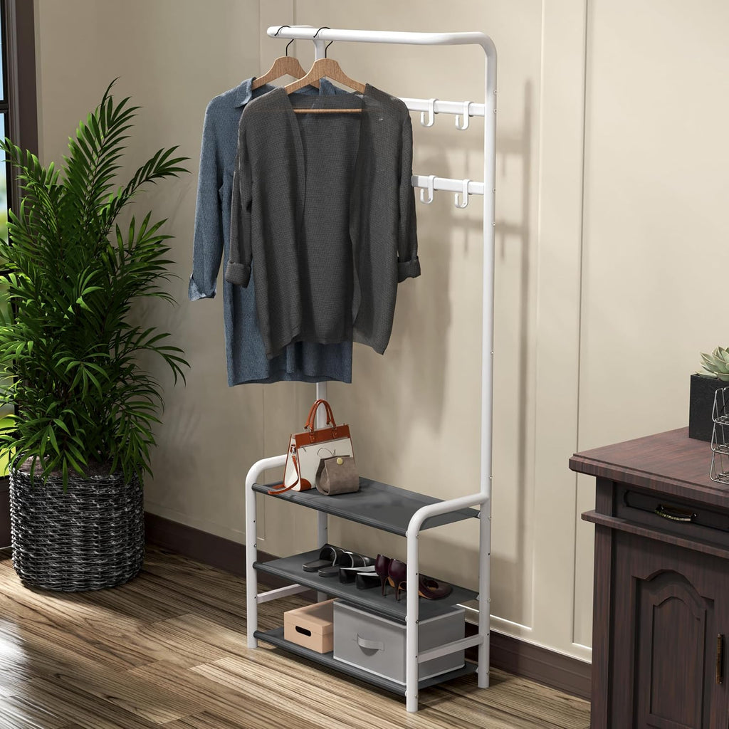 Simple Houseware Coat Rack with Shelf, Standing Hall Tree with Hooks, White | For Entryway, Bedroom, Office, White Metal Clothes Hanger Stand for Coats, Hats, Jackets, Bags