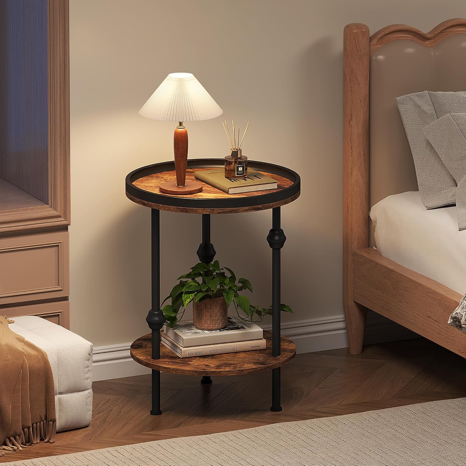 Farmhouse Round Side Table with Storage Shelf,2 Tier End Table with Raised Edge Tray Top,Accent Sofa Table for Small Space,Living Room,Bedroom,Rustic Brown
