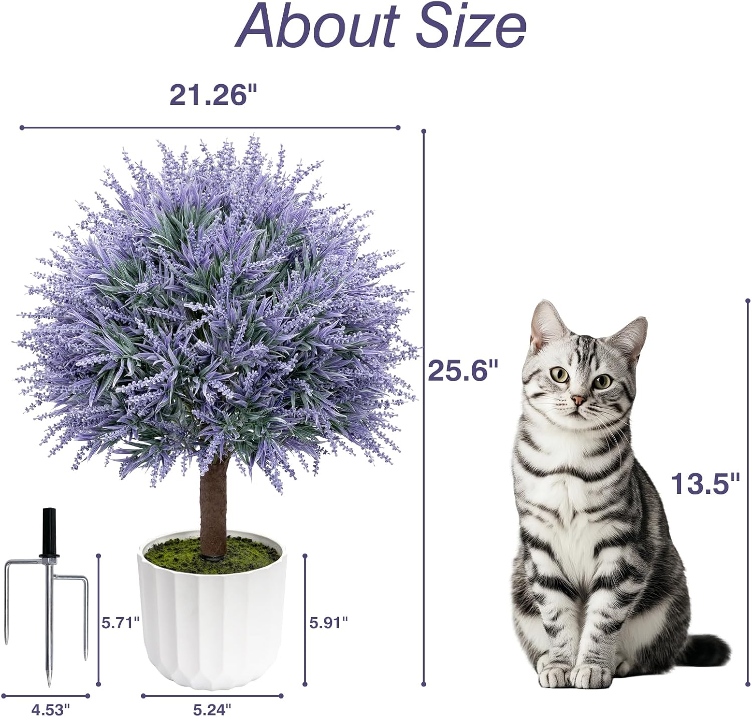 25.6" Artificial Lavender Topiary Ball with Pots, Rust-Proof Coated Metal Ground Spikes, UV-Resistant & Fade-Proof Faux Shrub for Porch, Indoor, Outdoor & Pathway Decor (2 Pcs)