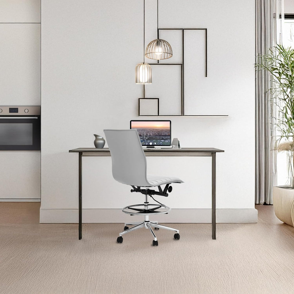 2xhome Modern Drafting Chair | Upholstered PU Leather Ribbed | Tall Adjustable Swivel Base with Leg Rest and Tilt Lock for Computer, Home, Executive, Conference (1, White, Armless)