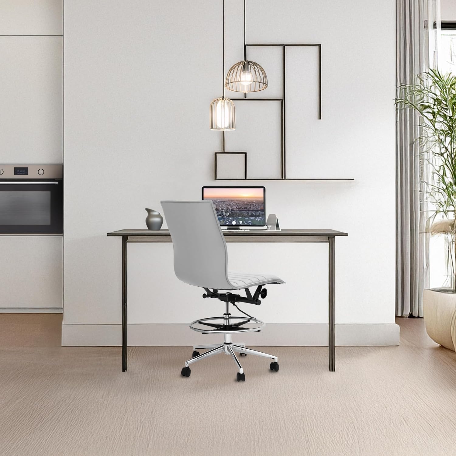 2xhome Modern Drafting Chair | Upholstered PU Leather Ribbed | Tall Adjustable Swivel Base with Leg Rest and Tilt Lock for Computer, Home, Executive, Conference (1, White, Armless)