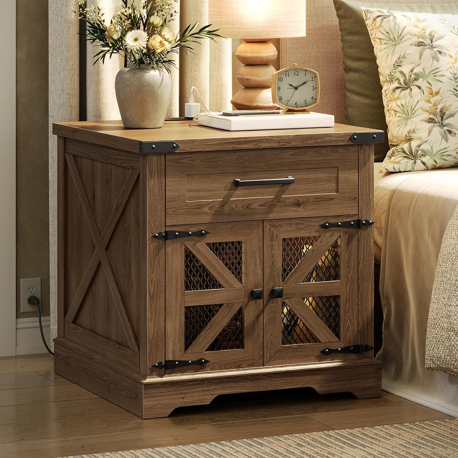 Farmhouse End Table Set of 2, 24" Large Sofa Side Table with Drawer, Large End Table for Living Room, Wooden Nightstand with Charging Station, Square, Walnut