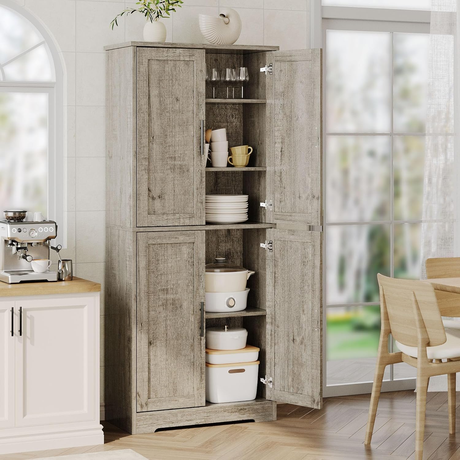 GarveeLife 70" Tall Kitchen Pantry,Farmhouse Storage Cabinet with Adjustable Shelves,Farmhouse Pantry Cabinet with 4 Barn Doors, for Kitchen,Dining Room,Living Room.(Grey)