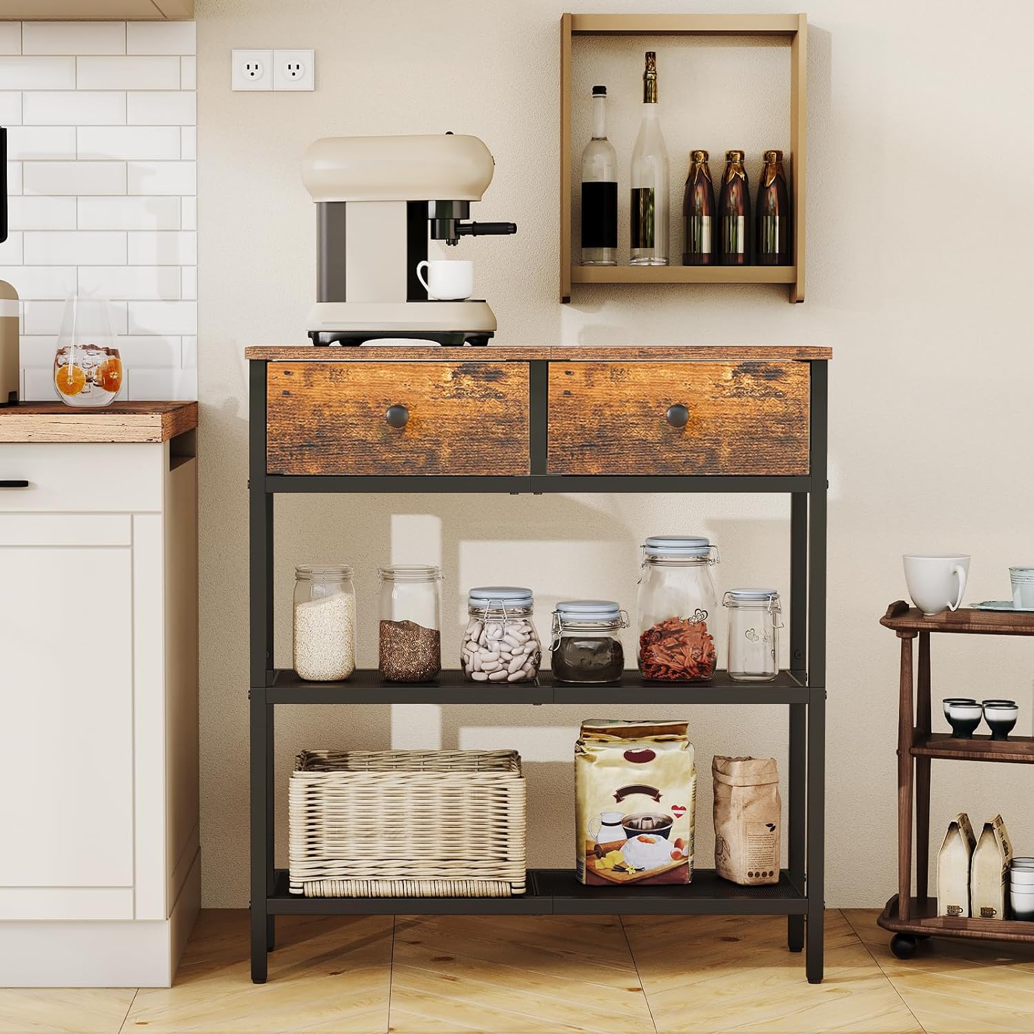 HOOBRO 29.5" Narrow Console Table with 2 Fabric Drawers, Sofa Table, Small Entryway Table with 3-Tier Storage Shelves, Behind Couch Table, for Living Room, Hallway, Rustic Brown and Black BF72XG01