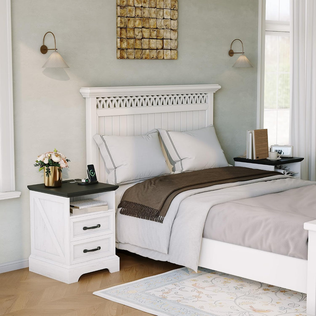 Garvee Farmhouse Rustic Nightstands with Charging Station Set of 1/2, Modern Wood Night Stands Bedside Tables with 2 Drawers, USB Ports & Outlets, White Accent Side Tables for Living Room Bedroom