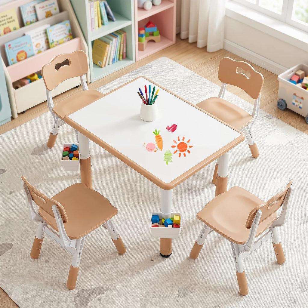 Costzon Kids Table and 4 Chairs, Height Adjustable Toddler Desk Set w/Easy-to-Wipe Graffiti Desktop & 2 Storage Basket for Home, Classroom, Daycare, Playroom, Art Study Table Set (Natural, 5 PCS)