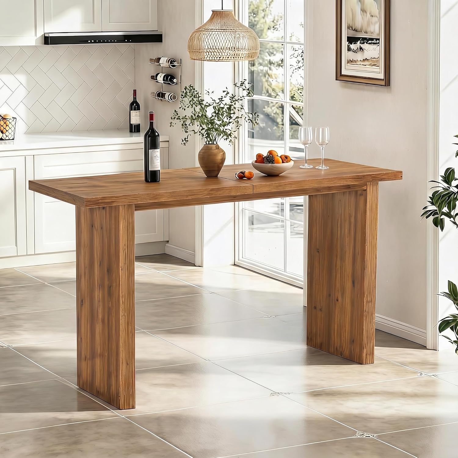 Tribesigns 63" Solid Wood Bar Table, Long Counter Height Pub Table, Rectangular High Top Tables for Dining, Kitchen, Living Room, Entryway, Small Space, Easy to Assemble, Rustic Brown