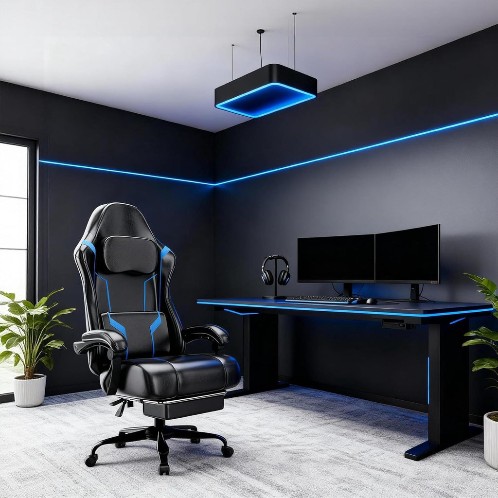 Ergonomic Gaming Chair, Video Game Chair with Pocket Spring Cushion and Footrest, Height Adjustable Computer Chair with Swivel Seat and Headrest (Blue)