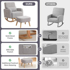 HCHAIRH Nursery Rocking Chair with Ottoman, Upholstered Glider Rocker with High Backrest Side Pocket, Rocking Accent Armchair with Solid Wood Legs for Nursery, Living Room, Bedroom, Light Grey
