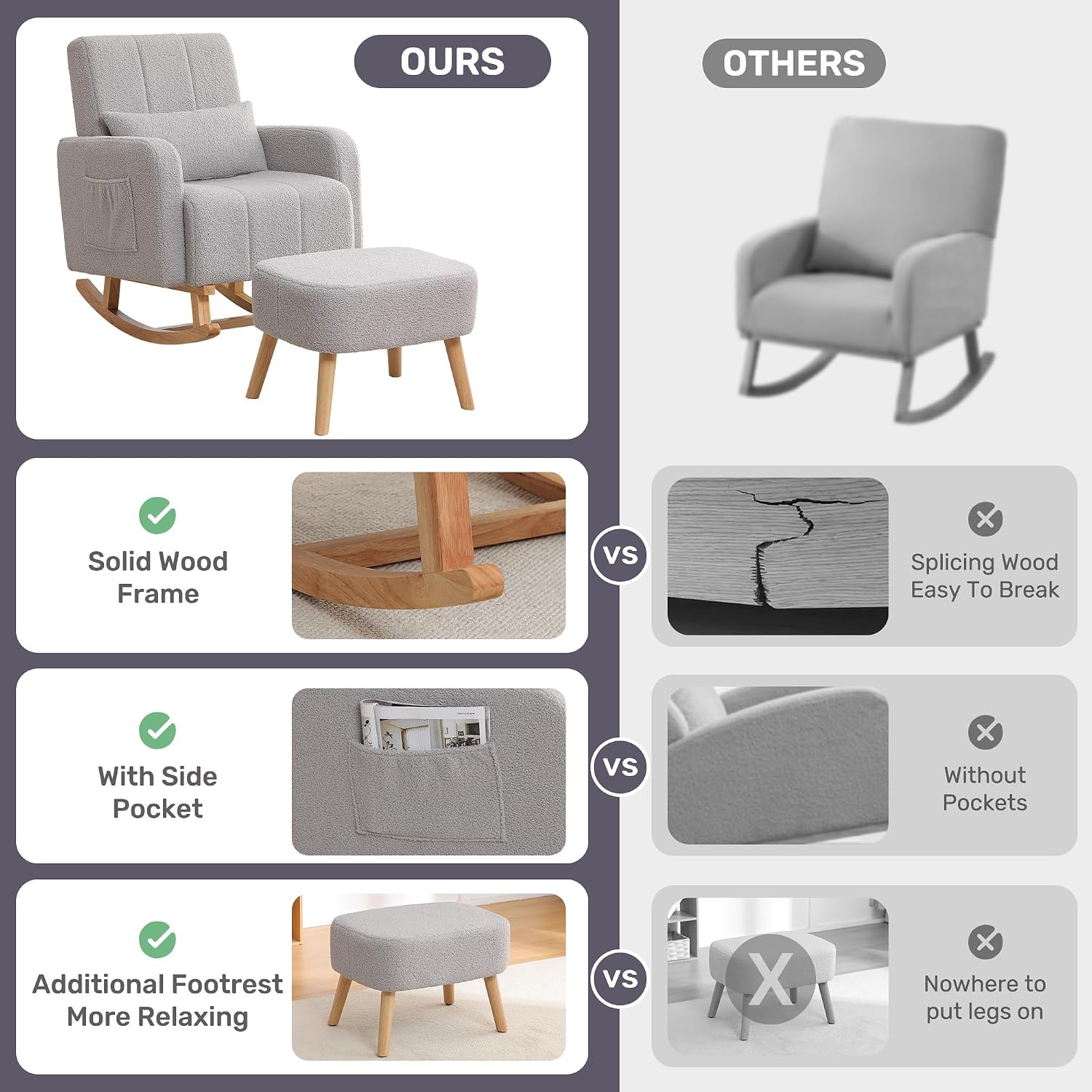 HCHAIRH Nursery Rocking Chair with Ottoman, Upholstered Glider Rocker with High Backrest Side Pocket, Rocking Accent Armchair with Solid Wood Legs for Nursery, Living Room, Bedroom, Light Grey
