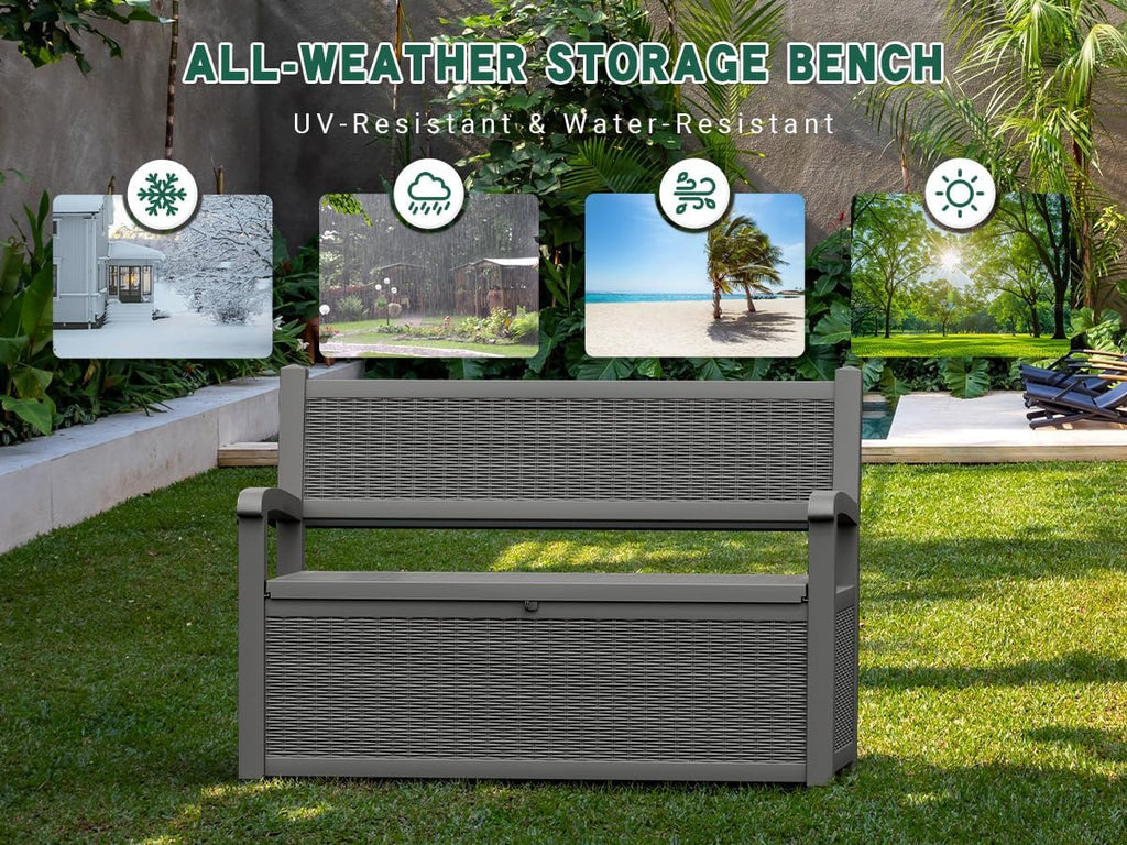 LHBcraft 70 Gallon Outdoor Storage Bench Deck Box Lockable for Patio Furniture, Outdoor Porch Bench with Storage Waterproof for Cushions, Garden Tools and Pool Supplies, Grey