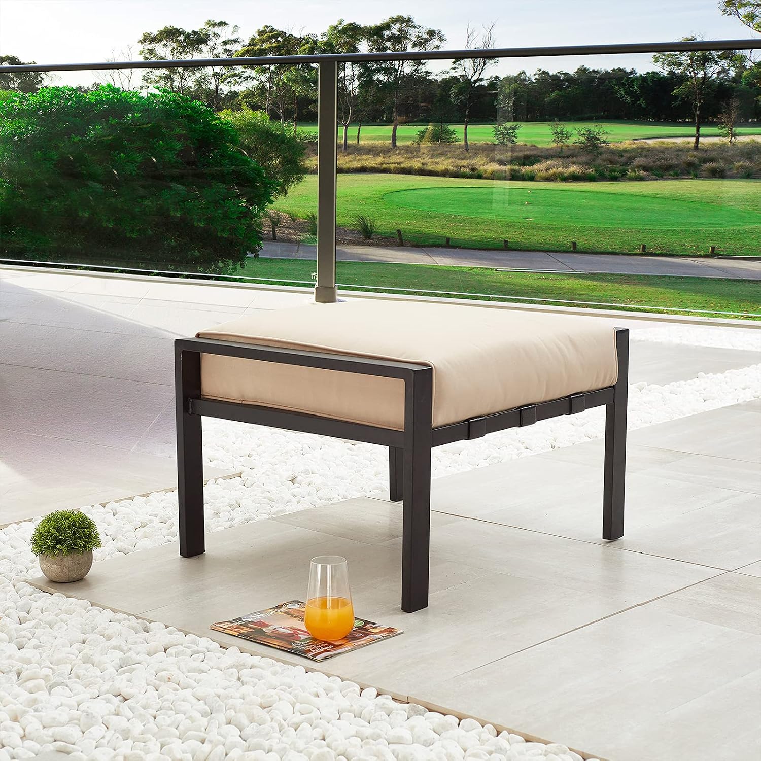 Festival Depot Patio Ottoman Outdoor Footstool with 4.3 Cushion Small Seat All Weather Metal Furniture for Deck Poolside Yard, Grey, PF20150