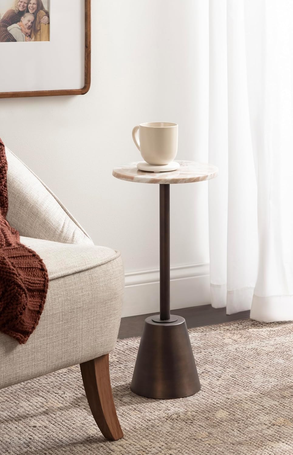 Kate and Laurel Tira Elegant Round Drink Table, 10 x 10 x 22, Brown Marble and Bronze, Modern Glam Circle Martini Table for Use as a Small Bedroom Nightstand or Living Room Plant Stand Option