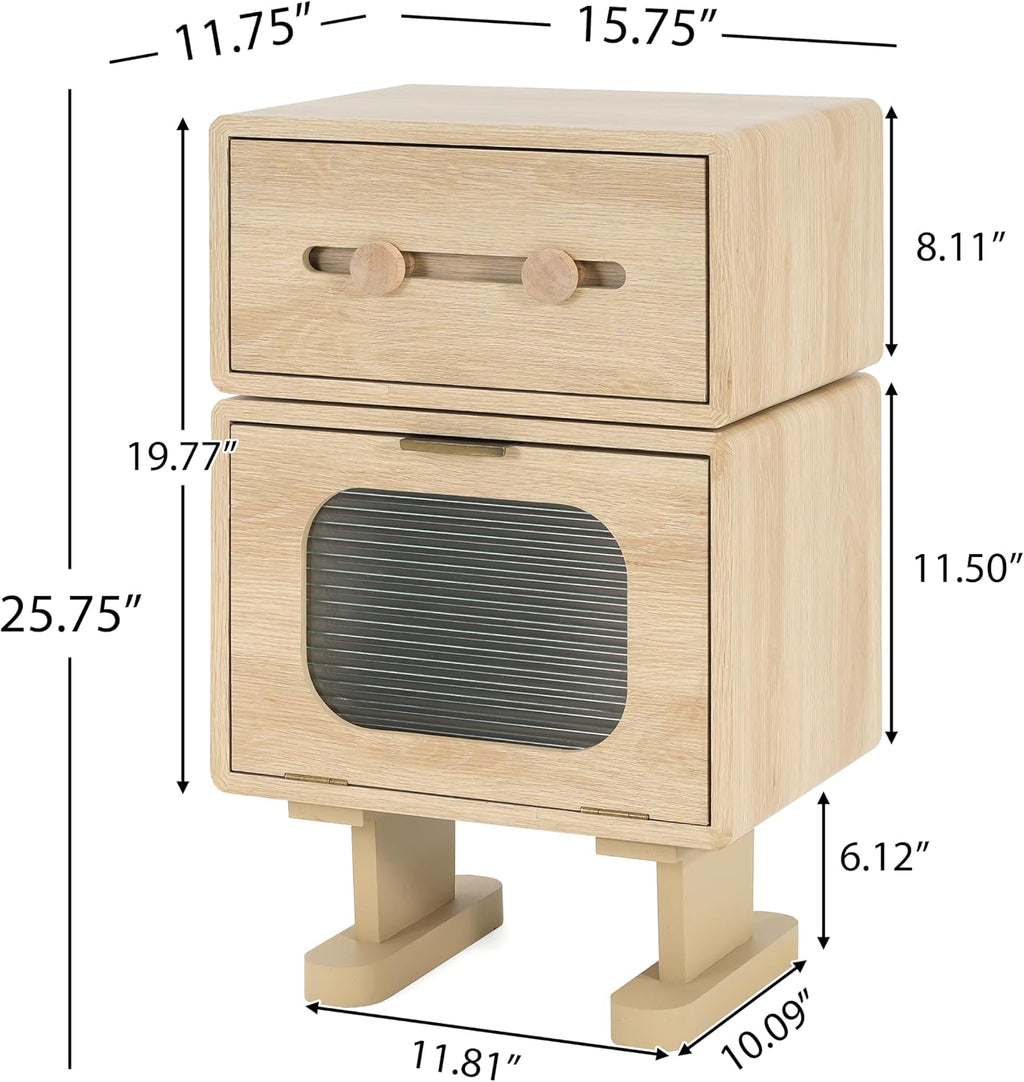 Christopher Knight Home Aurl Storage End Table, Tall Side Table, Robot Design, Rotating Tabletop, 2 Storage Drawers, Spacious Space for Organize, Wooden Nightstand for Living Room Bedroom, Natural