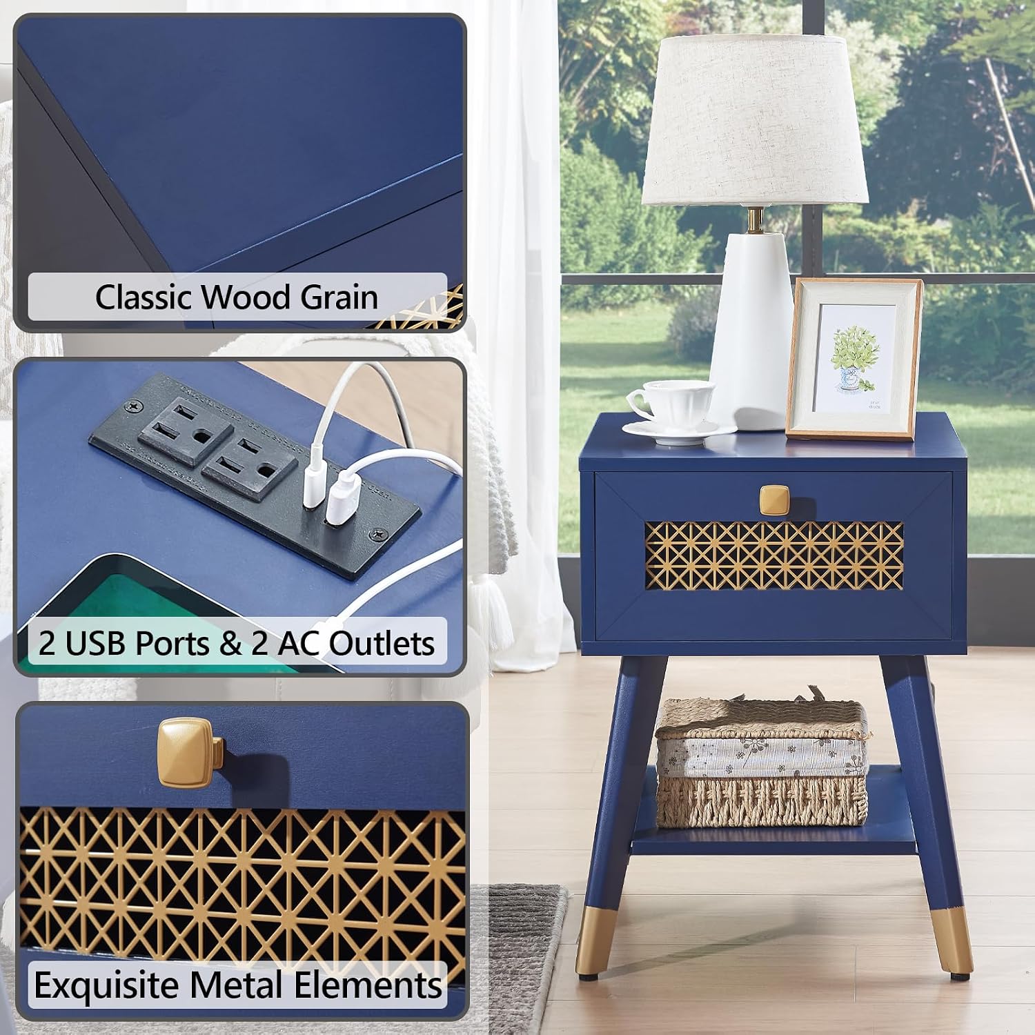 Mid Century Modern End Table for Living Room, Small Side Tables with Charging Station, Outlets and USB Ports, Blue Wood Nightstand with Storage Drawer and Open Shelf