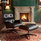 Luxury Top Black Grain Leather Mid Century Chaise Lounge Chair with Ottoman, Premium Handcrafted Walnut Wood, Ergonomic Modern Accent Chair for Living Room Office